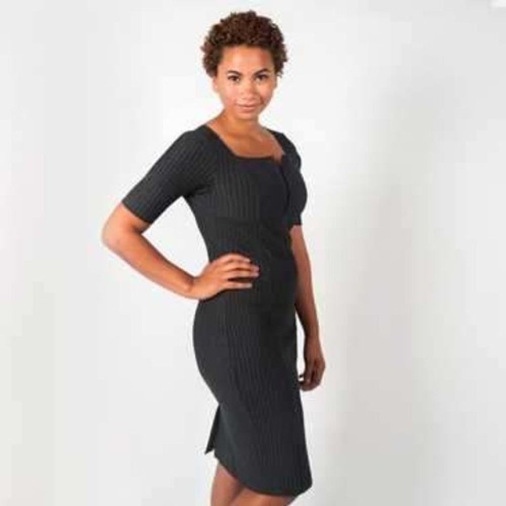 Betabrand Gray Pinstripe Stretch Sheath Dress Square Neck Work Office Medium NWT